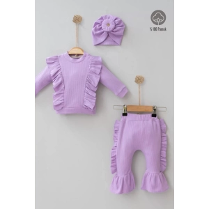 Omuzdan Fırfır Detaylı Boneli 3lü % 100 Pamuklu Kız Bebek Takımı