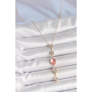 Pirinç Zincir Pembe Gold Renk Zirkon Taşlı Y Kolye - Bamido