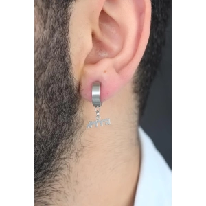 Silver Renk Kaplama Göktürkçe Yazı Figürlü Çelik Kıstırmalı Erkek Küpe - Bamido