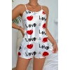 Love Desenli Beyaz Saten Şortlu Gecelik Takım