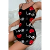 Love Desenli Siyah Saten Gecelik