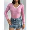 V Yaka Çizgili Bluz Pembe A3699