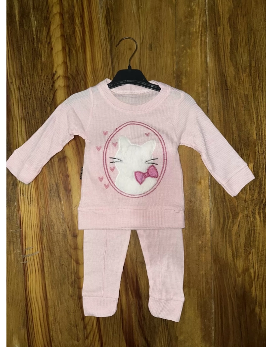 3-12 Aylık Kedi Desen İşlemeli Takım Pembe