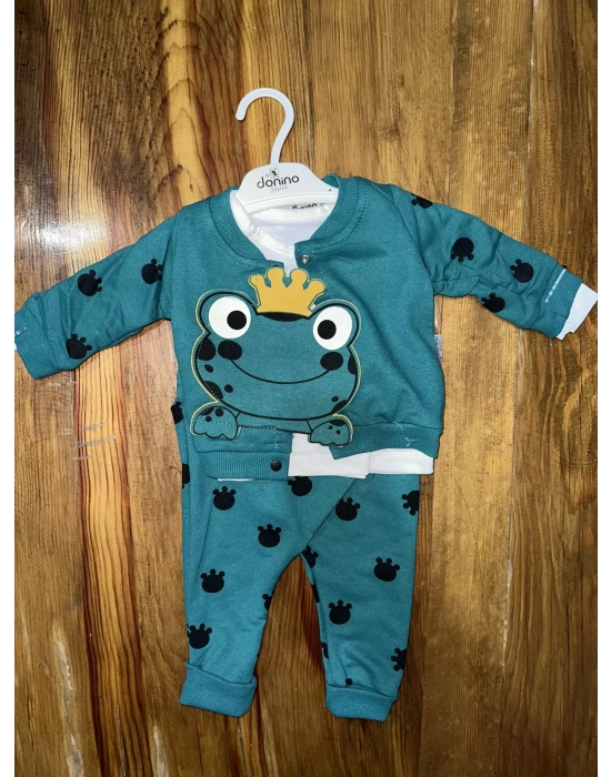 3-12 Aylık Kurbağa Desenli Üçlü Takım Koyumavi