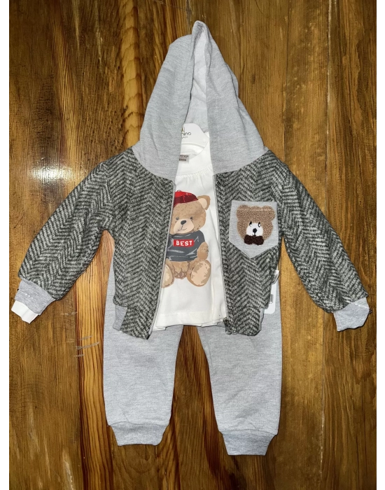 6-24 Aylık Ceketli Kapşonlu Üçlü Takım Gribeyaz