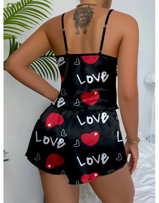 Aşk Temalı Kalp Desenli Siyah Saten Şortlu Gecelik Takım