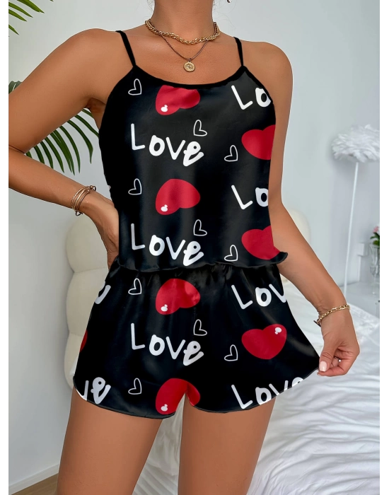 Aşk Temalı Kalp Desenli Siyah Saten Şortlu Gecelik Takım