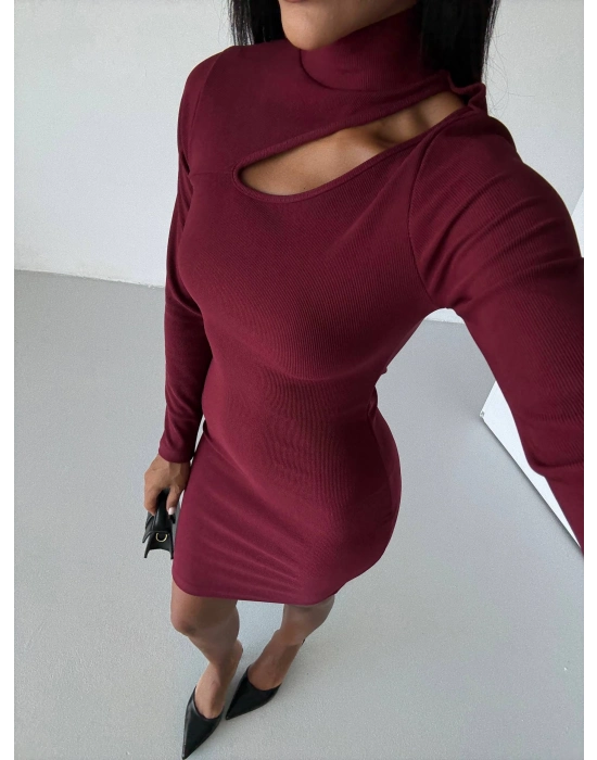 Boğazlı Gögüs Dekolteli Elbise Bordo F2333