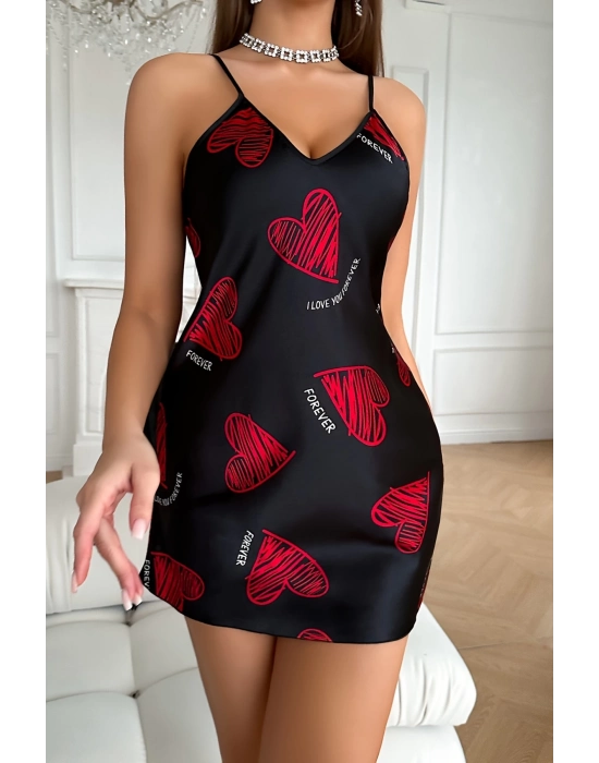 Büyük Kırmızı Kalp Desenli Siyah Saten Gecelik