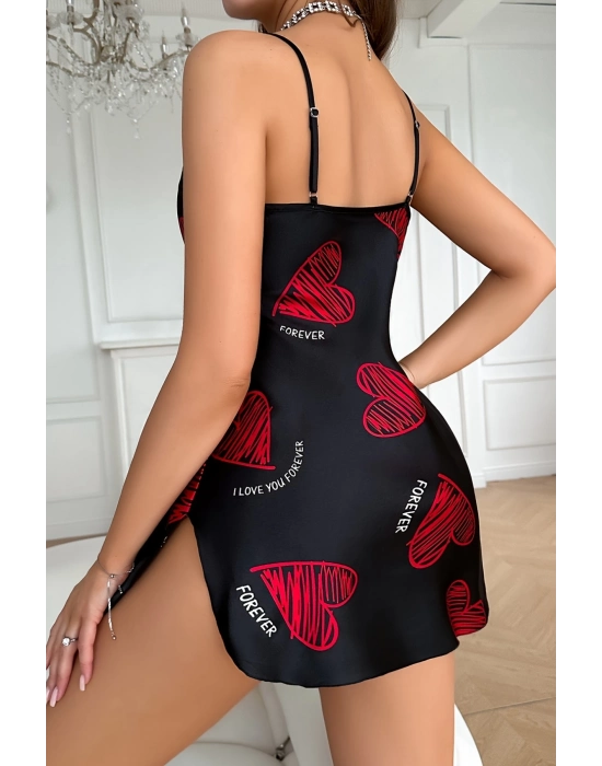 Büyük Kırmızı Kalp Desenli Siyah Saten Gecelik