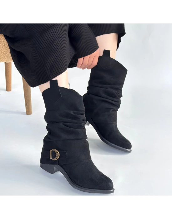 Canty Siyah Süet Körüklü Topuklu Çizme - Bamido