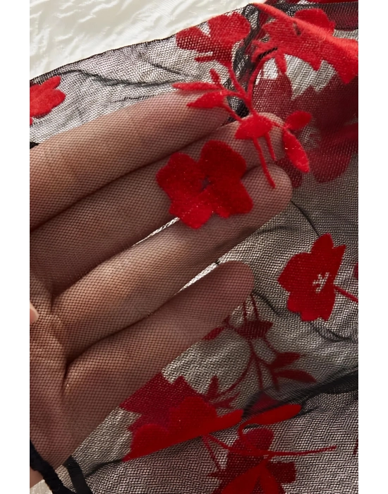 Çiçek Desenli Siyah Transparan Şortlu Gecelik Tm1377