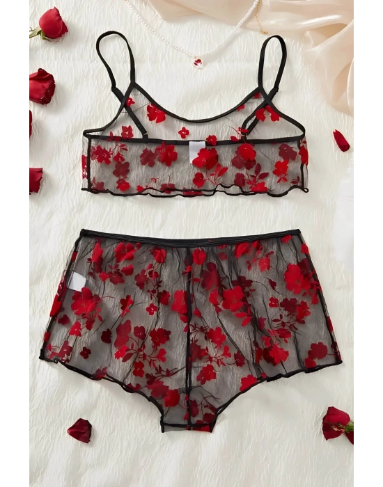 Çiçek Desenli Siyah Transparan Şortlu Gecelik Tm1377