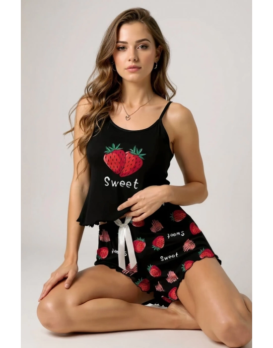 Çilek Baskılı Siyah Askılı Şortlu Pijama Takımı