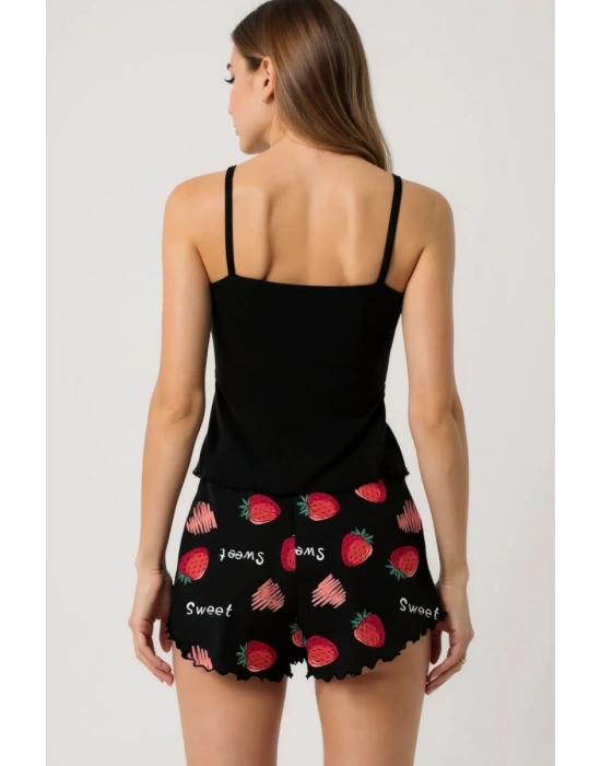 Çilek Baskılı Siyah Askılı Şortlu Pijama Takımı