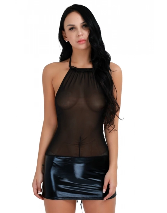 Deri Etekli Transparan Seksi Mini Elbise Tm1264