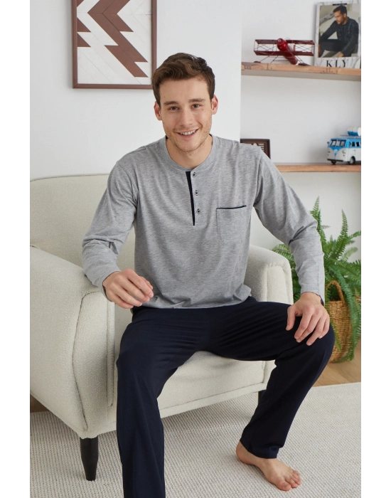Erkek 9111 Battal  Erkek   Midi Yaka Pijama Takımı