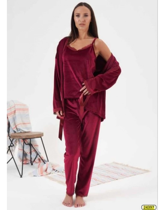 Estiva 24397 Bayan Kadife 3lü Pijama Takım