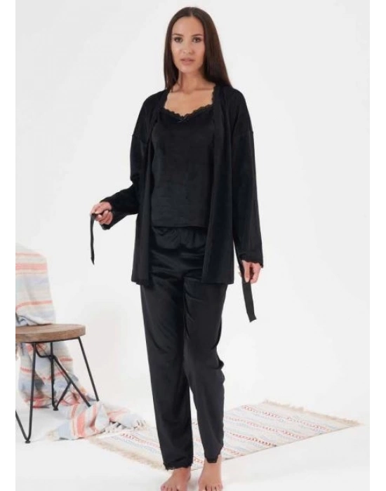 Estiva 24397 Bayan Kadife 3lü Pijama Takım