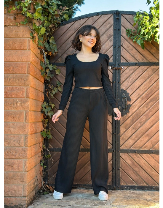 Fitilli Prenses Kol Alt Üst Takım Siyah