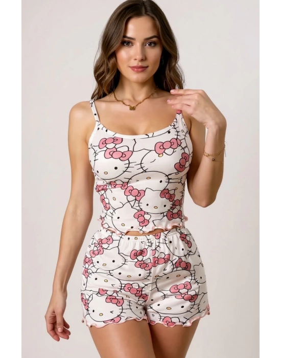 Hello Kitty Baskılı Askılı Şortlu Pijama Takımı
