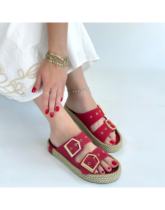 İces Kırmızı Nubuk Terlik - Bamido