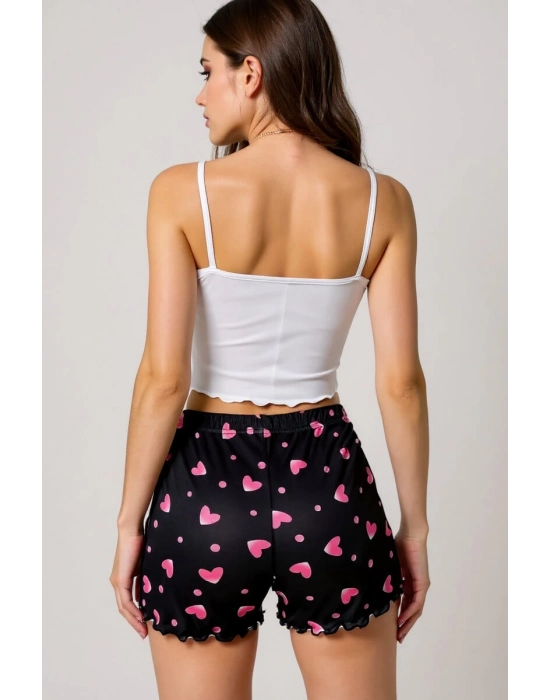 Kalp Desenli Askılı Şortlu Pijama Takımı
