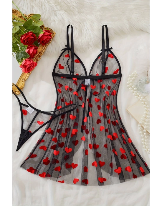 Kalp Desenli Siyah Transparan Gecelik Brf1378