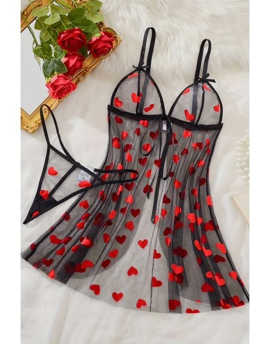 Kalp Desenli Siyah Transparan Gecelik Brf1378