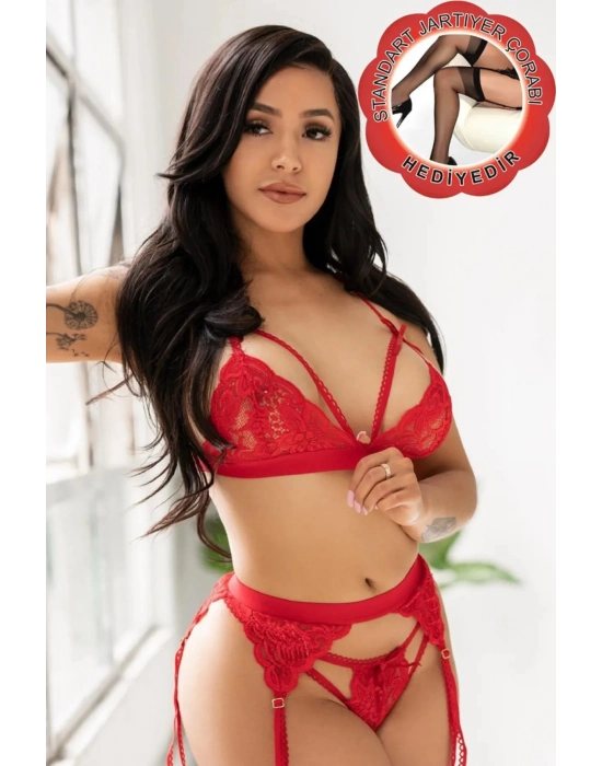 Kırmızı Dantelli Jartiyer Takımı Tm1240