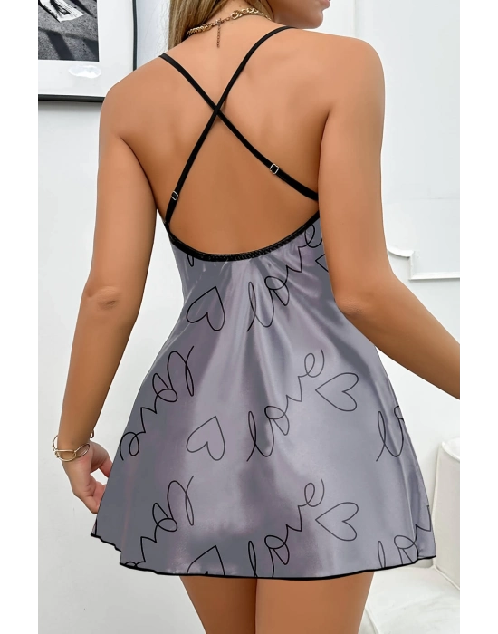 Love Baskılı Gri Saten Gecelik