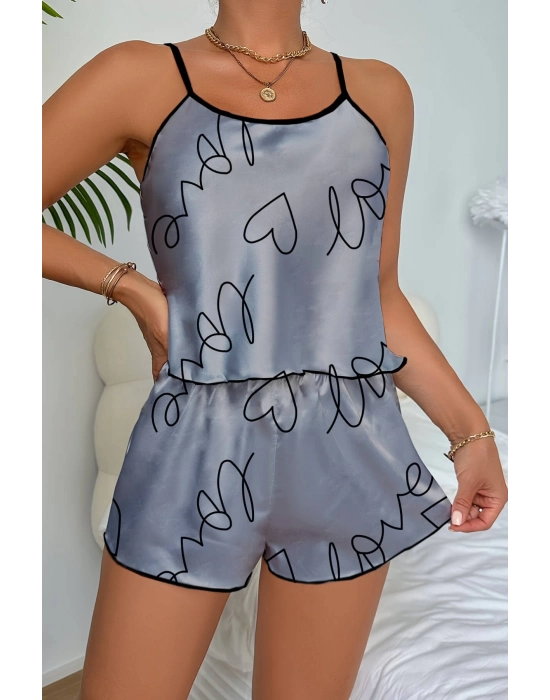Love Baskılı Gri Saten Şortlu Gecelik Takım