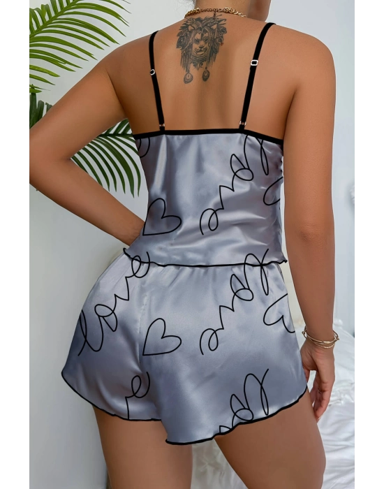 Love Baskılı Gri Saten Şortlu Gecelik Takım