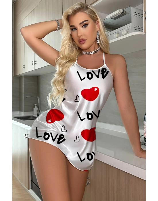 Love Desenli Beyaz Saten Gecelik