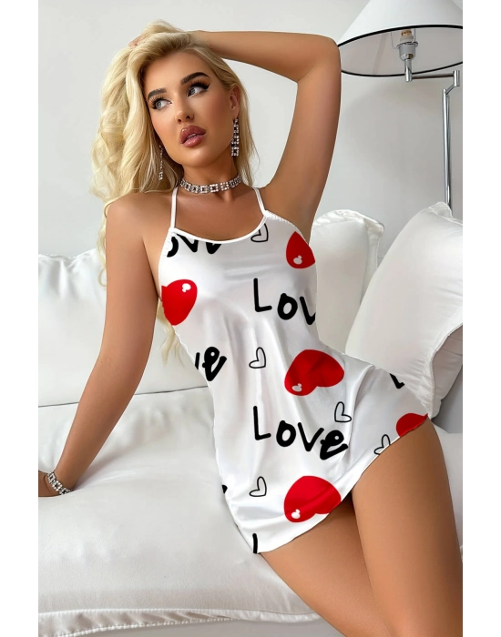 Love Desenli Beyaz Saten Gecelik