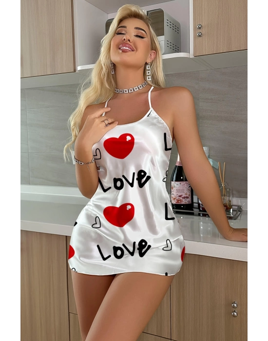 Love Desenli Beyaz Saten Gecelik
