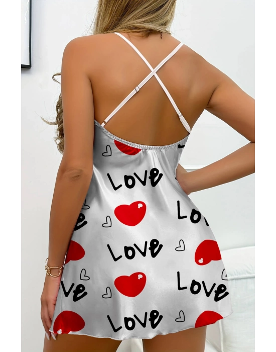Love Desenli Beyaz Saten Gecelik