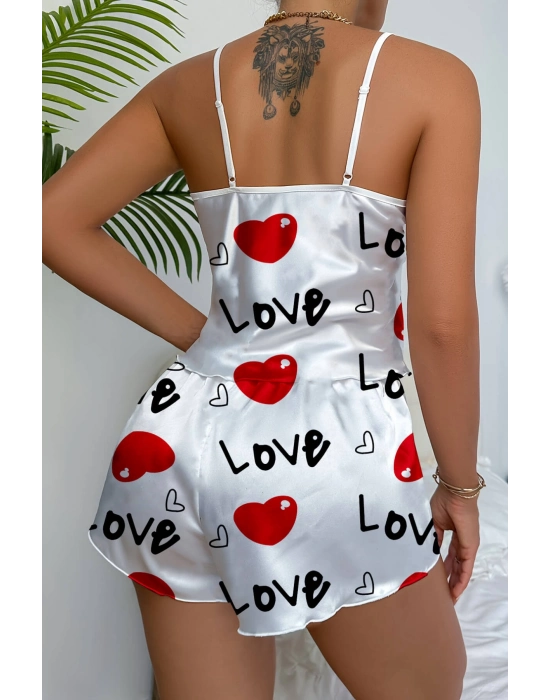 Love Desenli Beyaz Saten Şortlu Gecelik Takım