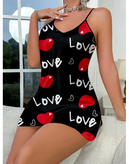 Love Desenli Siyah Saten Gecelik