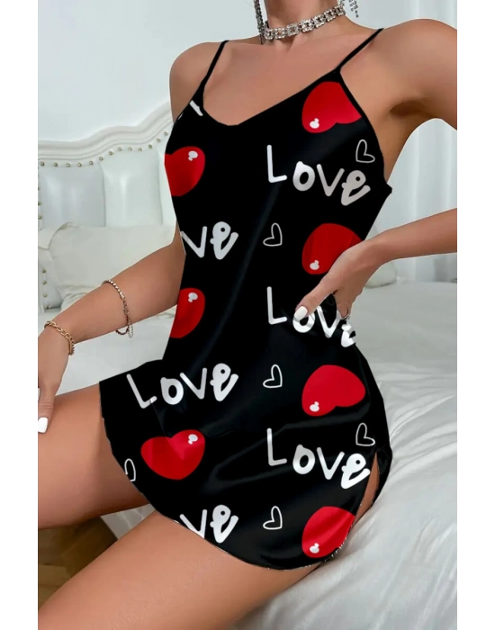 Love Desenli Siyah Saten Gecelik