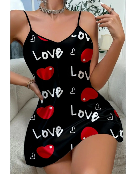 Love Desenli Siyah Saten Gecelik