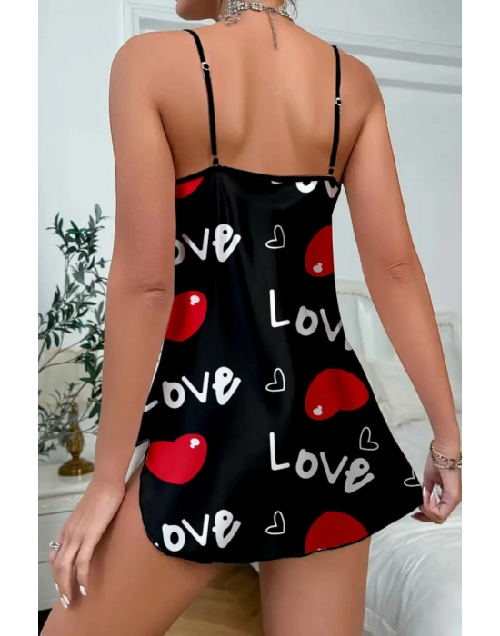Love Desenli Siyah Saten Gecelik