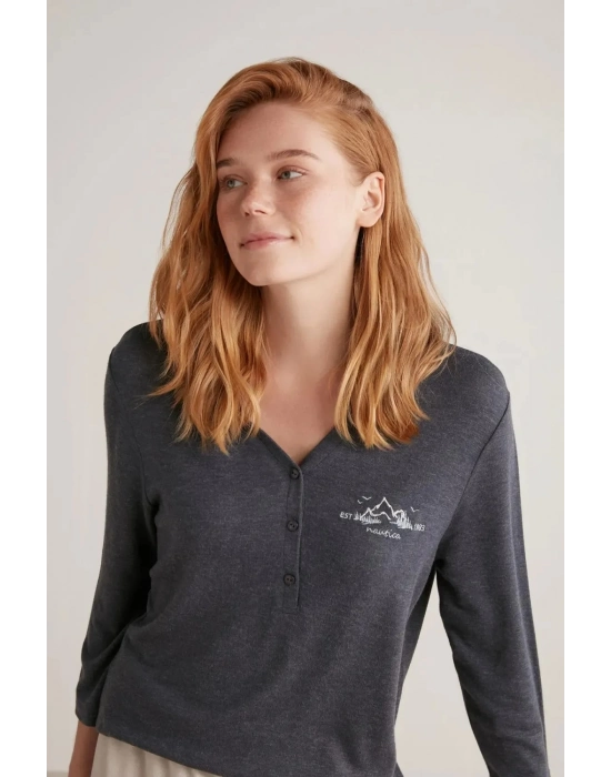 Nautıca W604 Kadın Patlı V Yaka Uzun Kollu Pijama Takımı