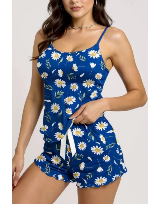 Papatya Desenli Mavi Askılı Şortlu Pijama Takımı