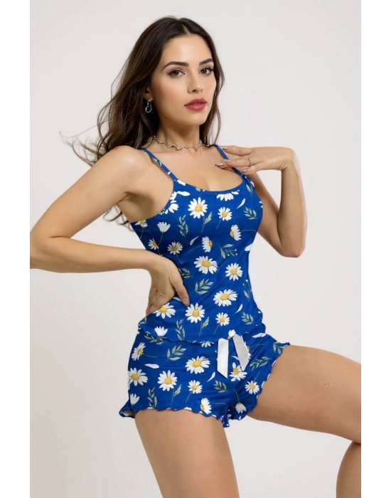 Papatya Desenli Mavi Askılı Şortlu Pijama Takımı