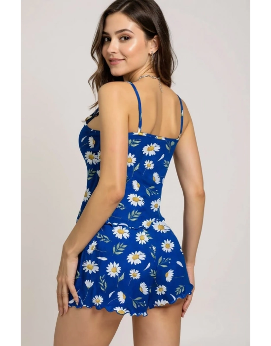 Papatya Desenli Mavi Askılı Şortlu Pijama Takımı