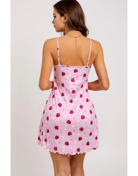 Pembe Çilek Desenli Askılı Kadın Gecelik