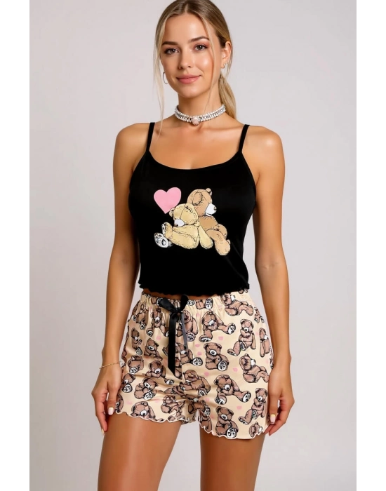 Renkli Ayıcık Desenli Askılı Şortlu Kadın Pijama Takımı