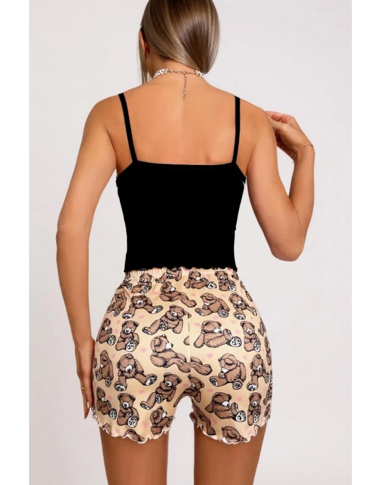 Renkli Ayıcık Desenli Askılı Şortlu Kadın Pijama Takımı