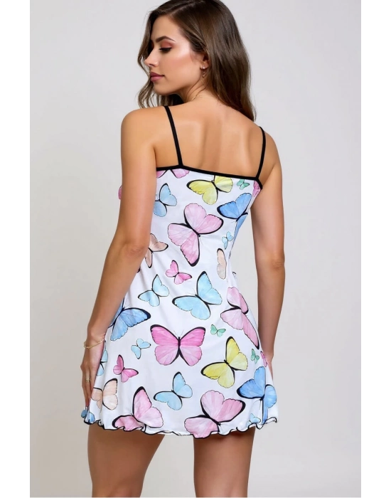Renkli Kelebek Desenli Askılı Kadın Gecelik